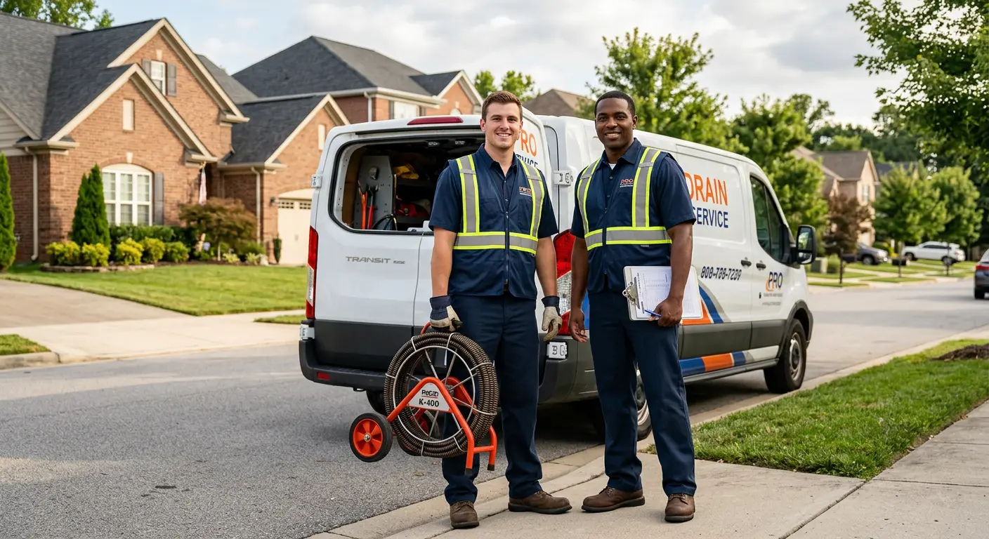 Sewer and drain service team with equipment ready for work in North Decatur