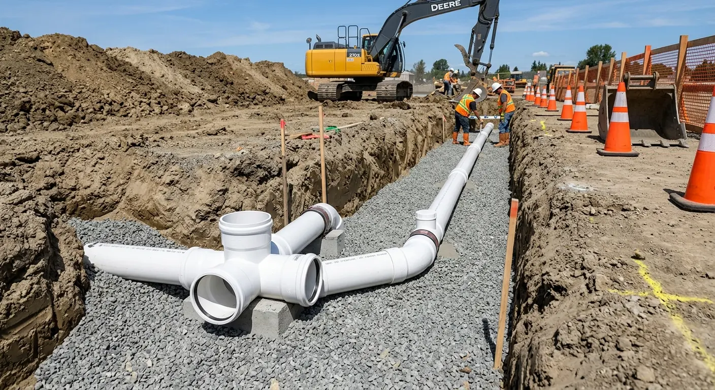 New PVC sewer pipe installation in open trench for Sewer Backup in North Decatur