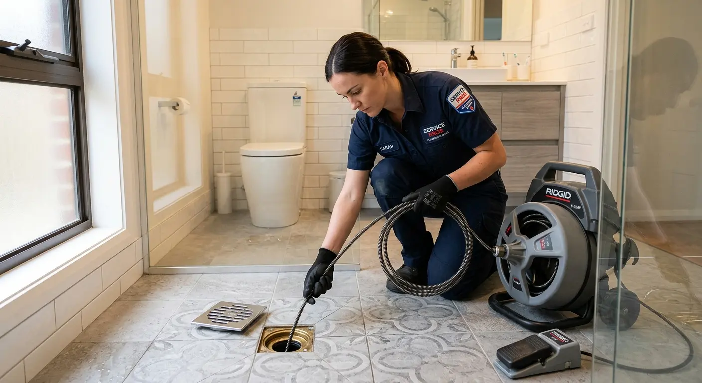 Technician clearing a bathroom floor drain for Clogged Drain Repair in North Decatur